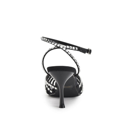 Stunning Black Strappy Rhinestone Kitten Heel Sandals | 429N-C