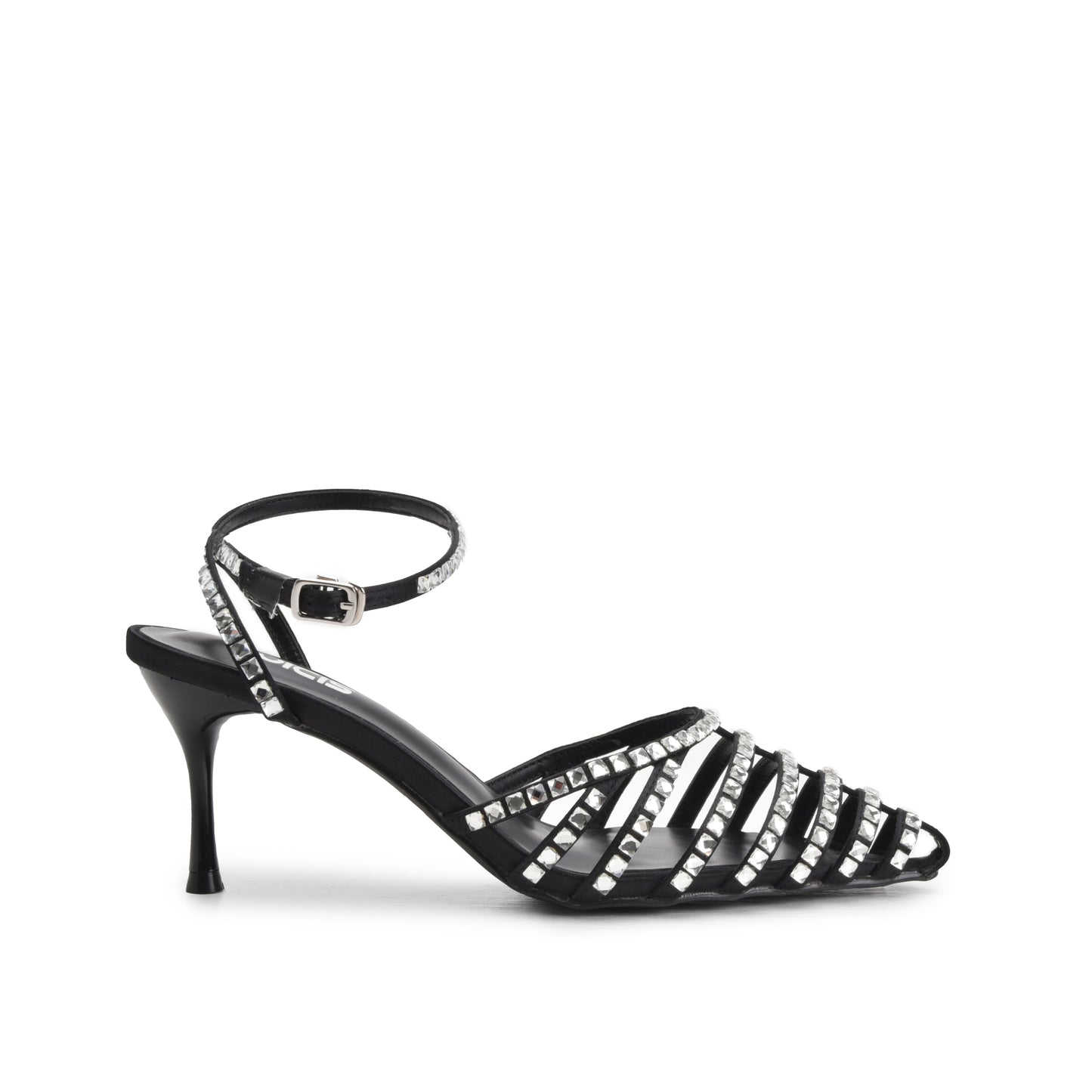 Stunning Black Strappy Rhinestone Kitten Heel Sandals | 429N-C
