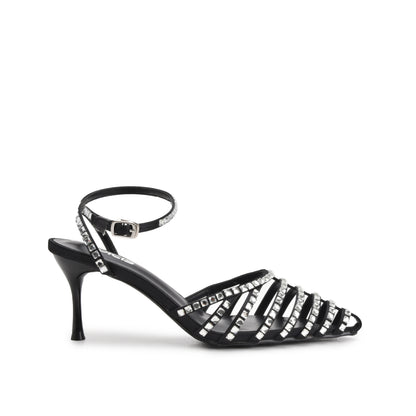 Stunning Black Strappy Rhinestone Kitten Heel Sandals | 429N-C