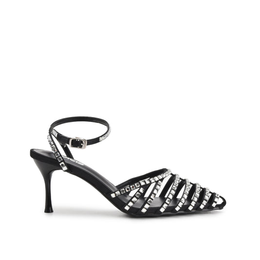 Stunning Black Strappy Rhinestone Kitten Heel Sandals | 429N-C