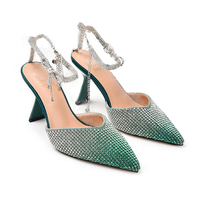 Elegant Green Rhinestone Slingback Heels | 455N-K