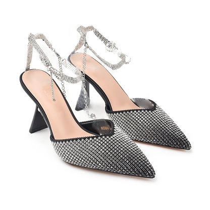 Stunning Black Rhinestone Slingback Heels | 455N-C