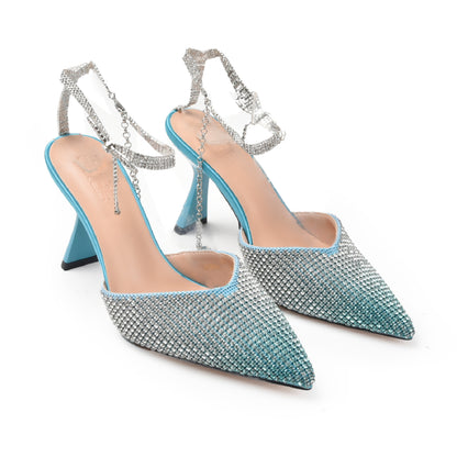 Glamorous Blue Rhinestone Slingback Heels | 455N-Q