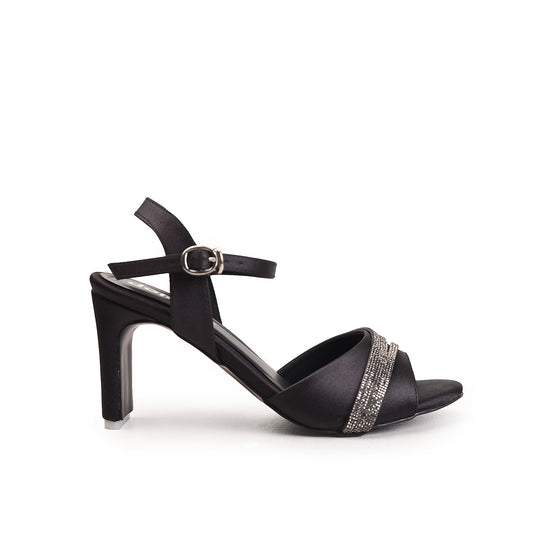Black Crystal Triple-Strap Block Heels | 237H-C