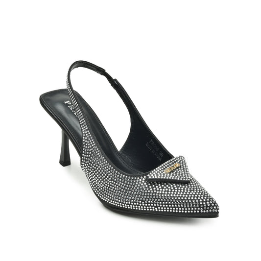 Elegant Black Rhinestone Slingback Heels | 438N-C