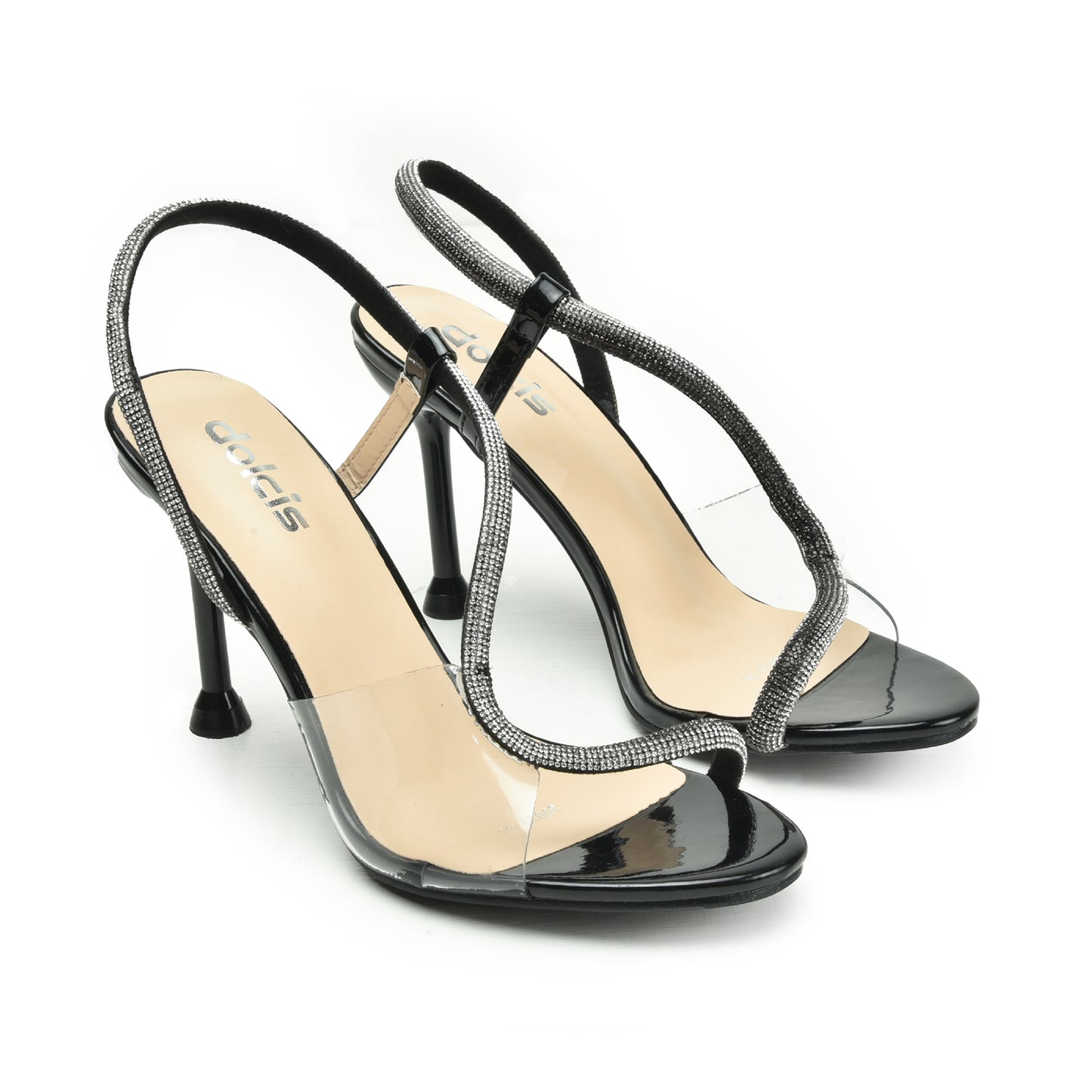 Stylish Black High Heel Sandals with Clear Strap | 264G-C