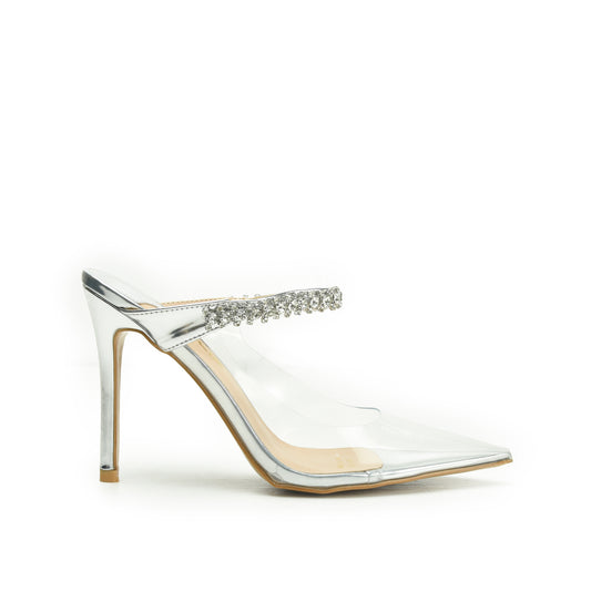 Stunning Silver Transparent High Heel Mules | 436N-S