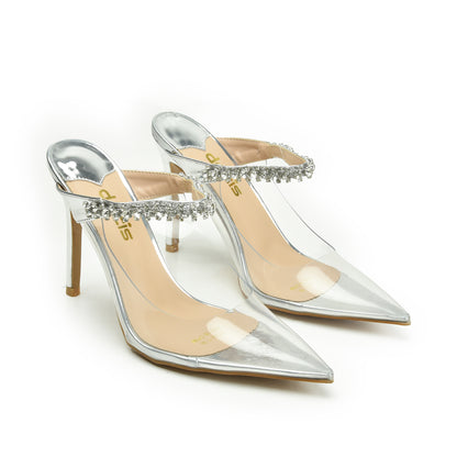 Stunning Silver Transparent High Heel Mules | 436N-S