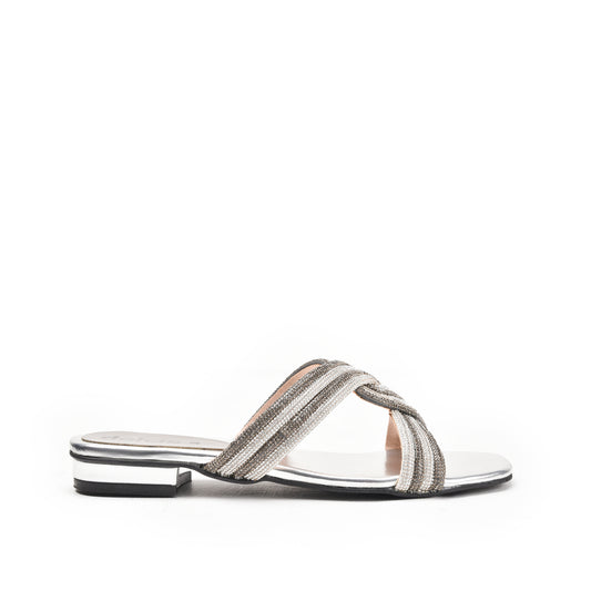 Stylish Silver Strappy Flats Slippers | 547L-S