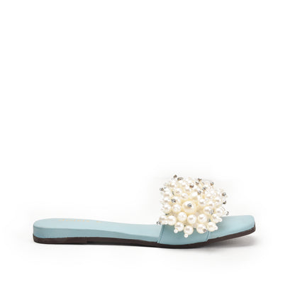 Elegant Blue Pearl-Embellished Flats Slippers | 531L-N