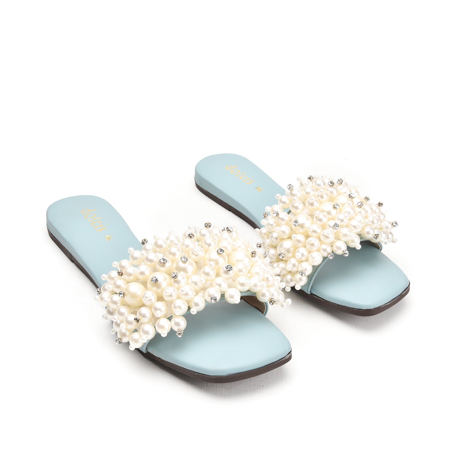 Elegant Blue Pearl-Embellished Flats Slippers | 531L-N