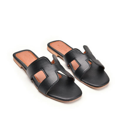 Black Slip-On Flats with Cut-Out Design Slippers | 597K-C