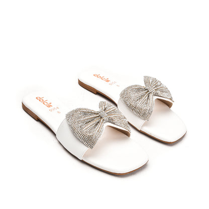 Elegant White Embellished Flats Slippers | 543L-W