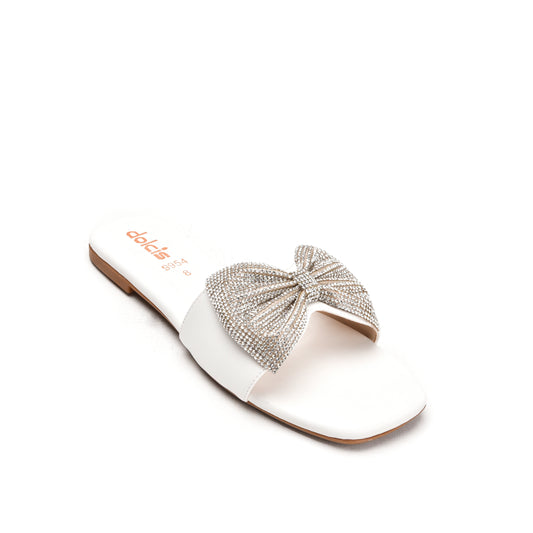 Elegant White Embellished Flats Slippers | 543L-W