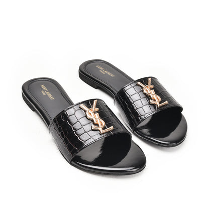 Classic Black Croc-Embossed Flats Slippers | 513L-C