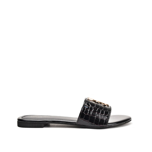 Classic Black Croc-Embossed Flats Slippers | 513L-C