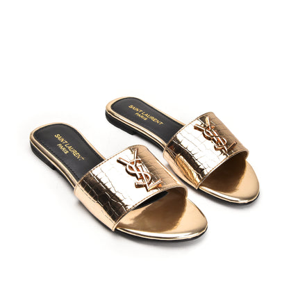 Luxurious Gold Croc-Embossed Flats Slippers | 513L-X