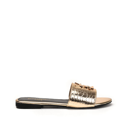 Luxurious Gold Croc-Embossed Flats Slippers | 513L-X