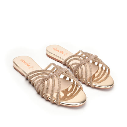 Elegant Gold Strappy Flats Slippers | 563K-X