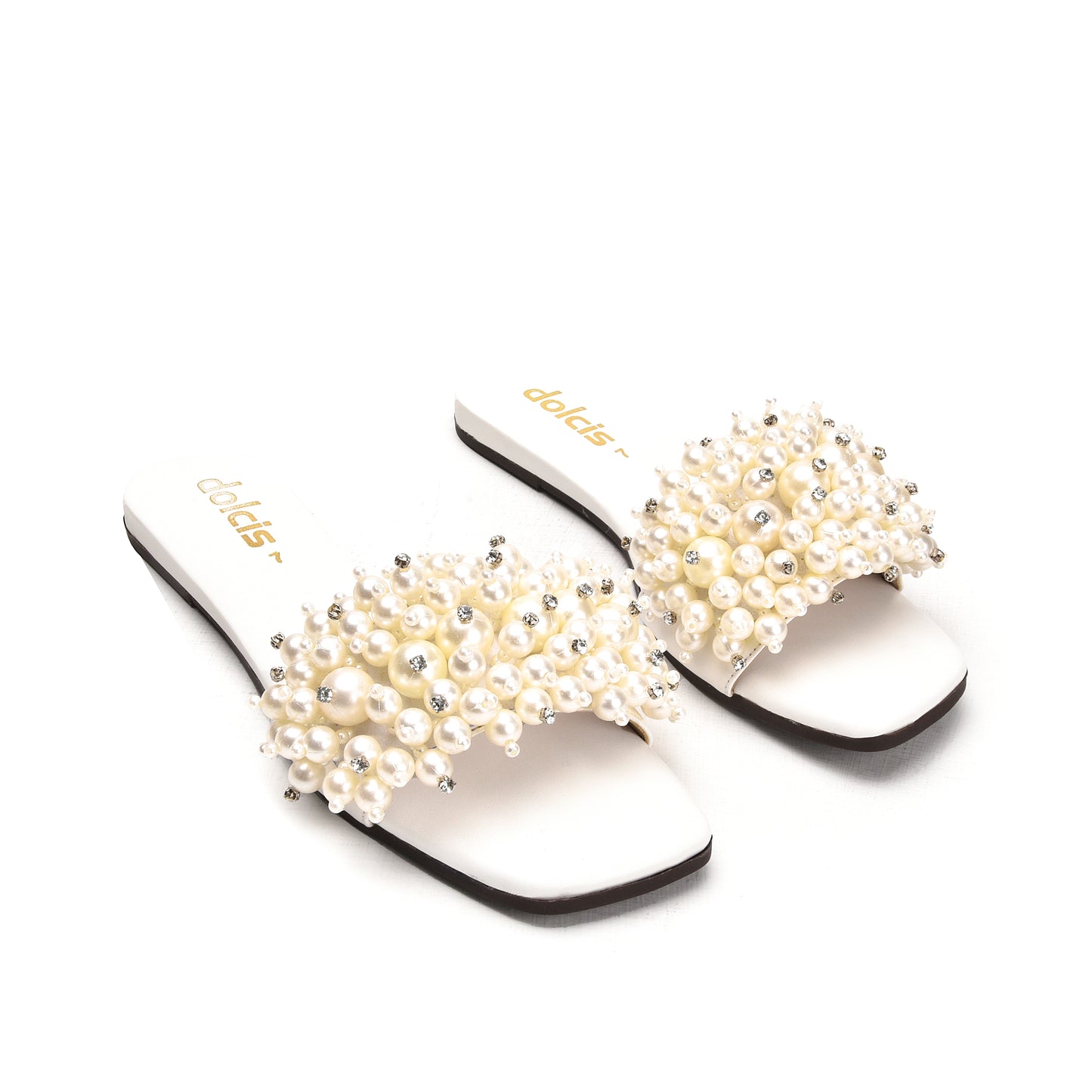 Elegant White Pearl-Embellished Flats Slippers | 531L-W
