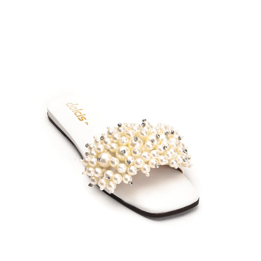 Elegant White Pearl-Embellished Flats Slippers | 531L-W