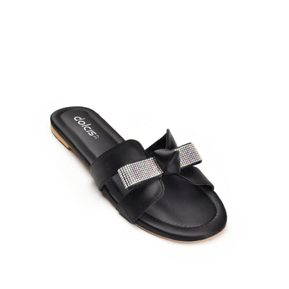 Elegant Black Bow Slide Flats Slippers | 539L-C