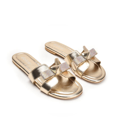 Elegant Gold Bow Slide Flats Slippers | 539L-X