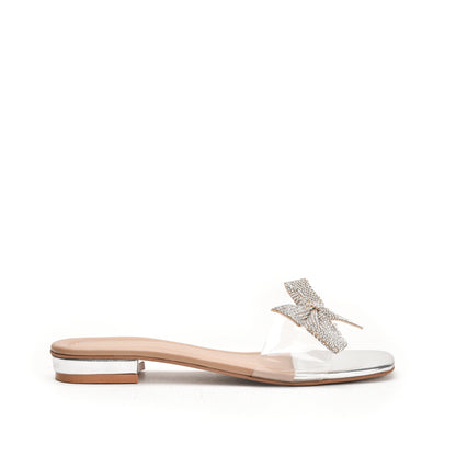 Elegant Silver Bow Embellished Flats Slippers | 547K-S