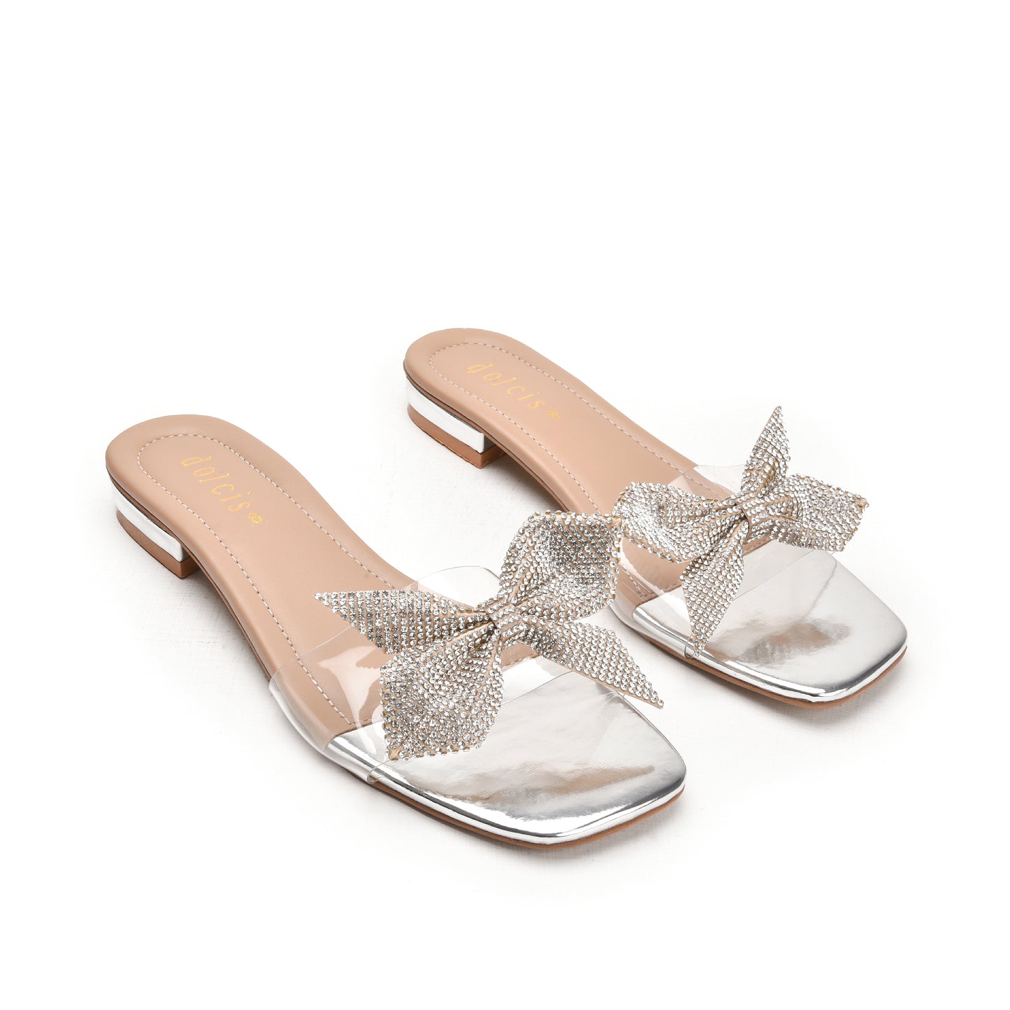 Elegant Silver Bow Embellished Flats Slippers | 547K-S