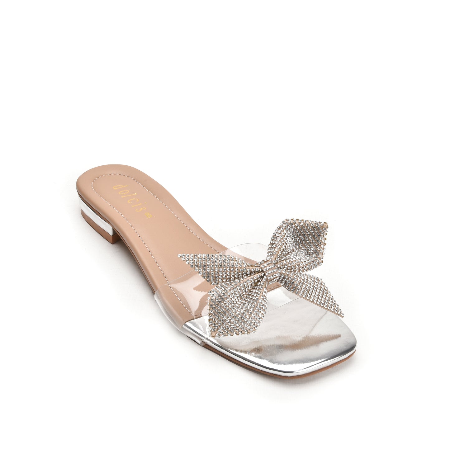 Elegant Silver Bow Embellished Flats Slippers | 547K-S