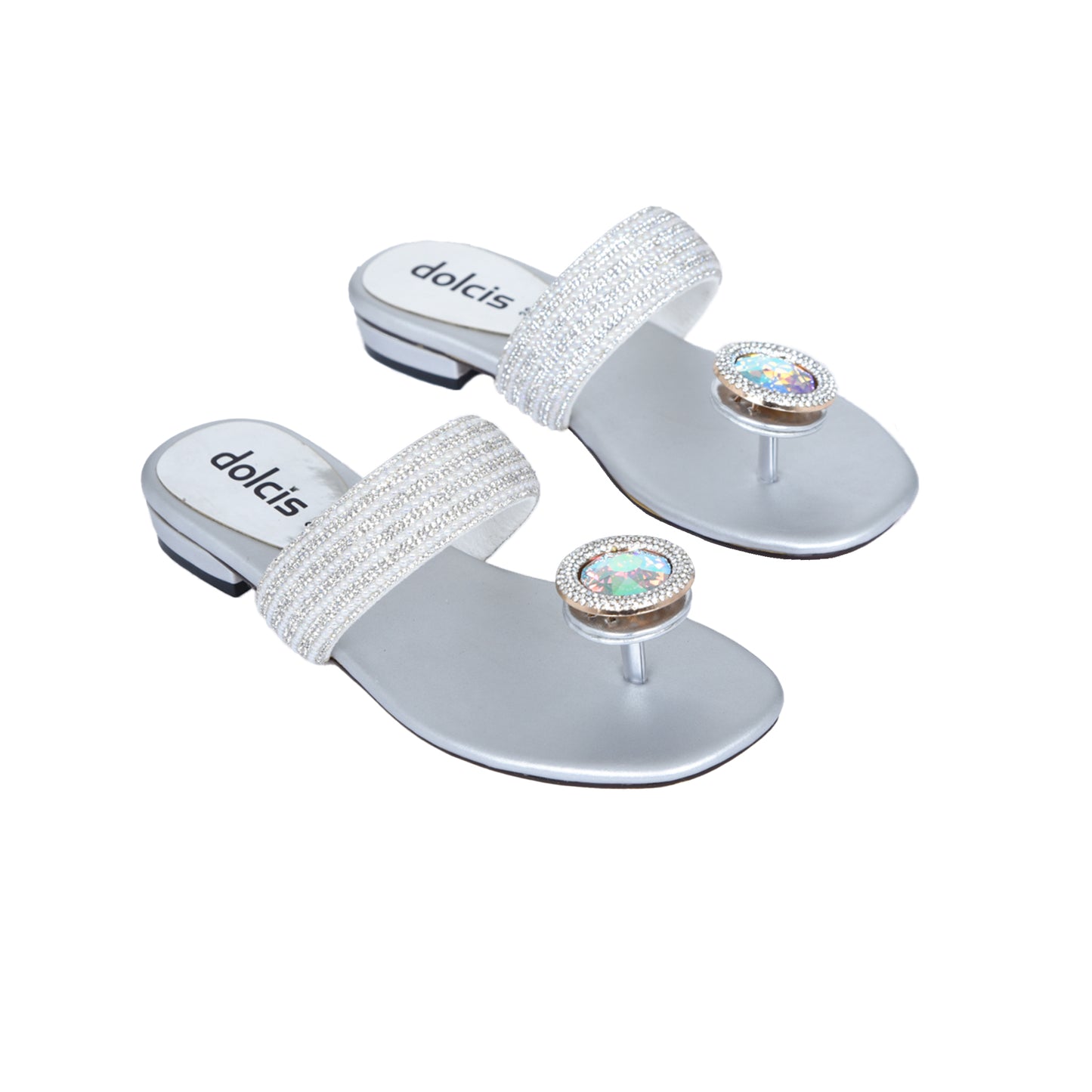 Elegant Silver Beaded Flats Slippers | 715R-S