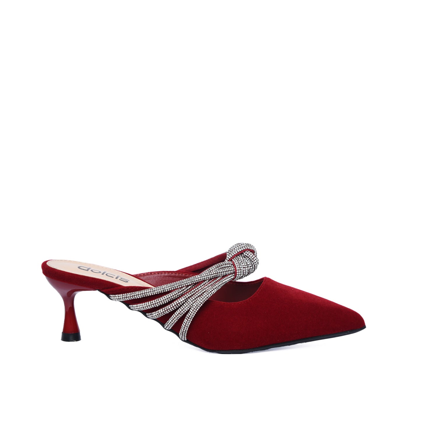 Red Velvet Slip-On Heels with Rhinestone Knot | 481L-E