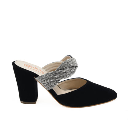 Black Velvet Block Heels with Twisted Strap | 497L-C