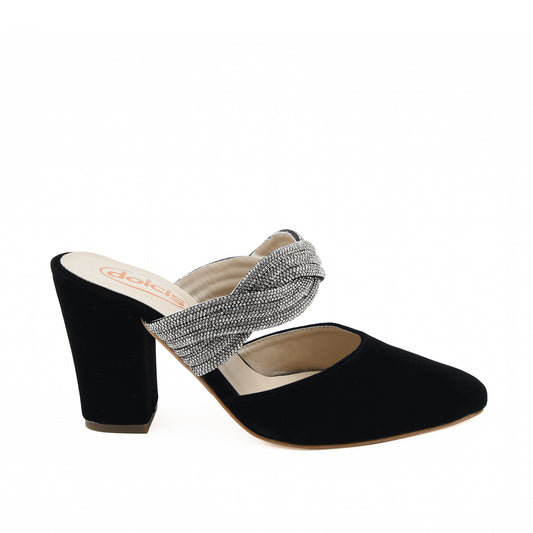 Black Velvet Block Heels with Twisted Strap | 497L-C