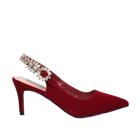 Red Velvet Slingback Heels with Crystal Embellishment | 495H-E
