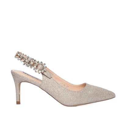 Silver Glitter Slingback Heels with Crystal Embellishment | 495H-X