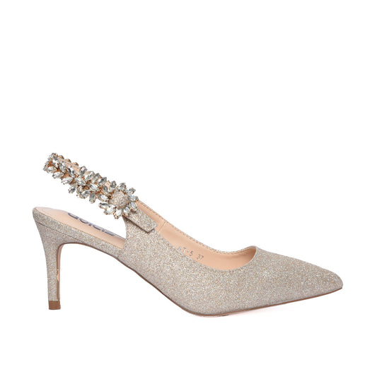 Silver Glitter Slingback Heels with Crystal Embellishment | 495H-X