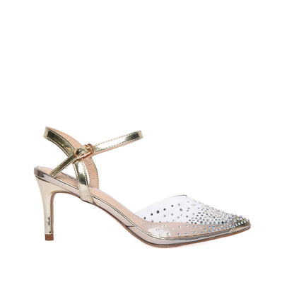 Gold Pointed-Toe Heels with Ankle Strap | 482L-X