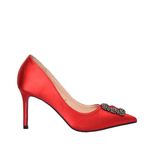 Glamorous Red Satin Pumps with Crystal Embellishment | 472L-E