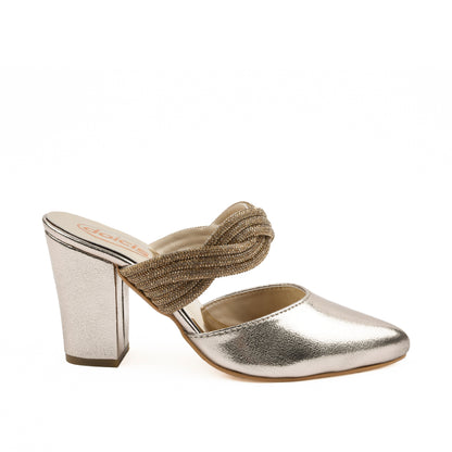 Silver Metallic Block Heels with Twisted Strap | 497L-X