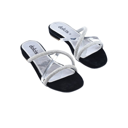 Glamorous Silver Strappy Flats Slippers | 515J-C