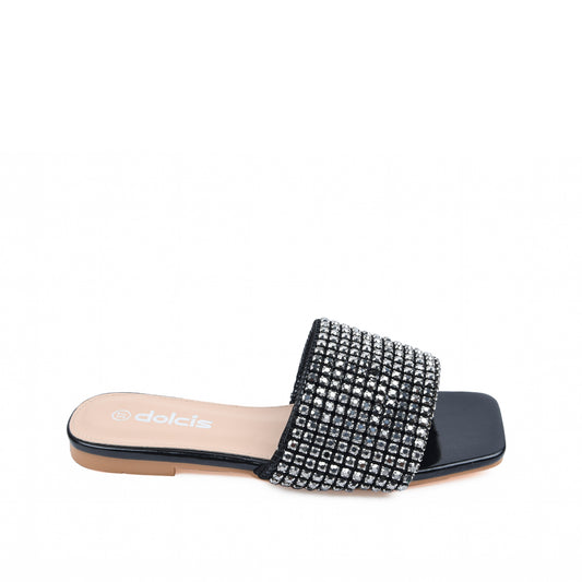 Chic Black Embellished Flats Slippers | 590J-C