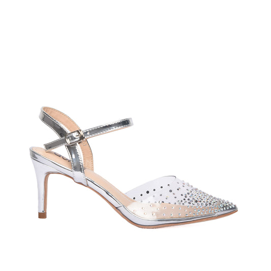 Silver Pointed-Toe Heels with Ankle Strap | 482L-S