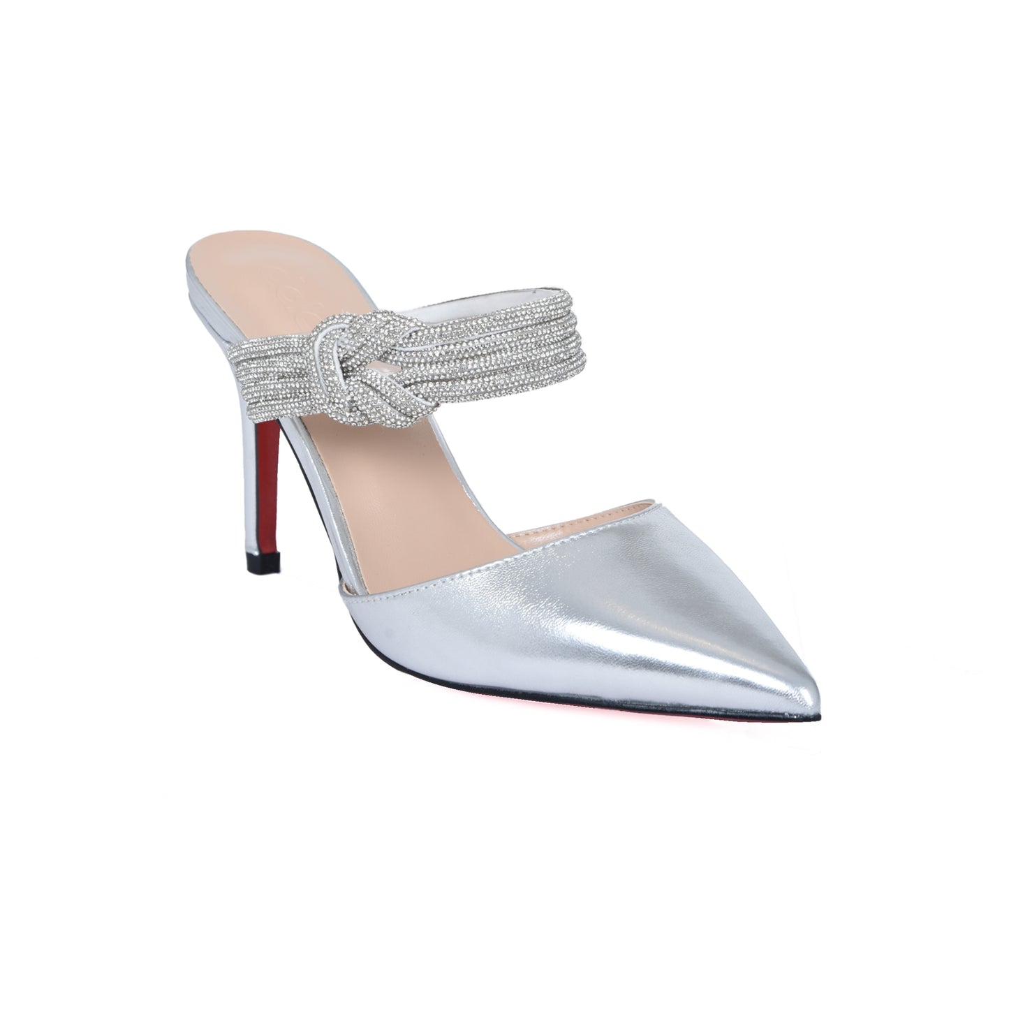 Shiny Silver Satin Mules with Embellished Knot | 494L-S