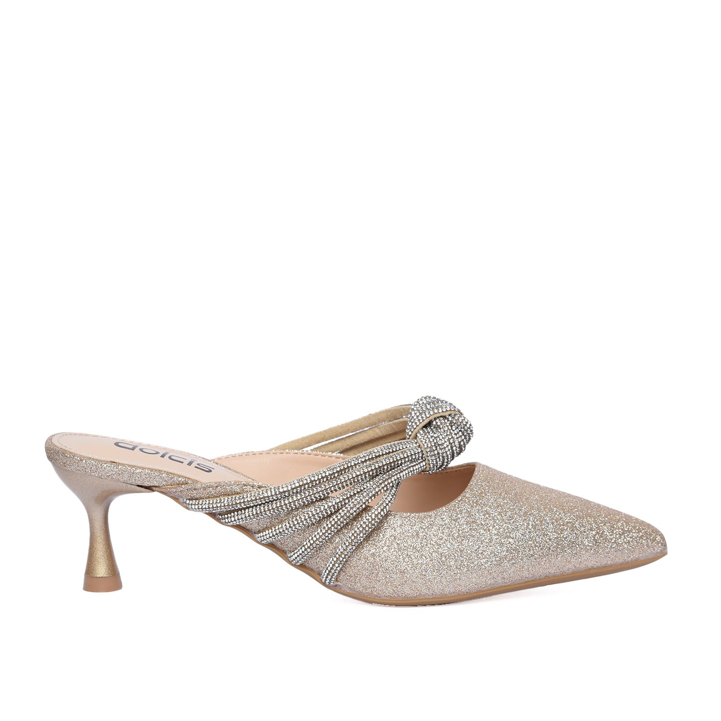 Gold Glitter Slip-On Heels with Rhinestone Knot | 481L-X