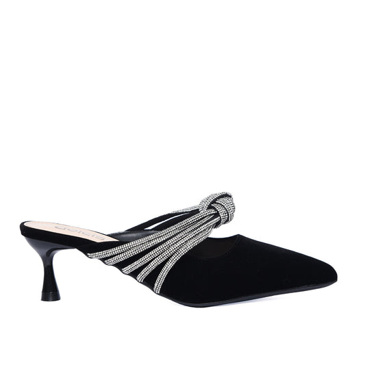 Black Velvet Slip-On Heels with Rhinestone Knot | 481L-C