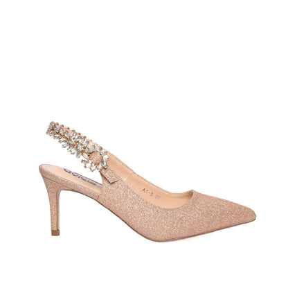 Rose Gold Glitter Slingback Heels with Crystal Embellishment | 495H-PX