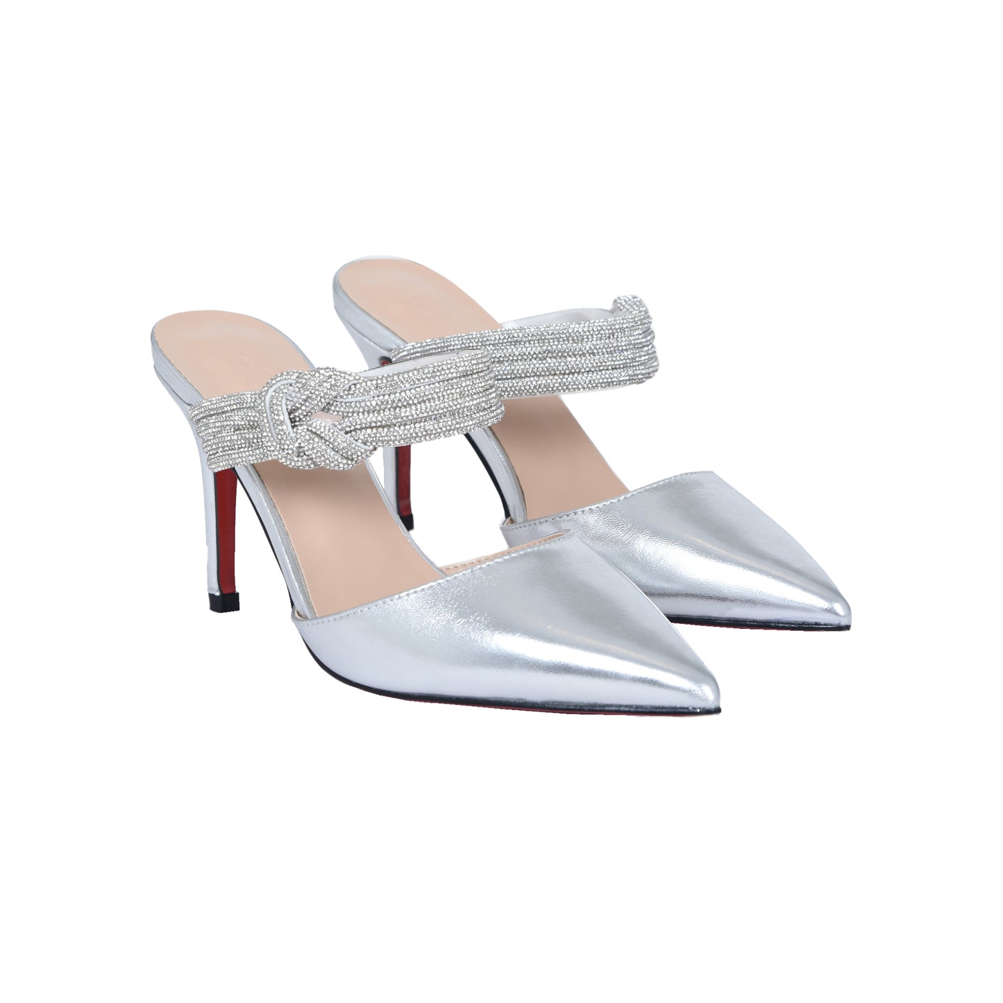 Shiny Silver Satin Mules with Embellished Knot | 494L-S