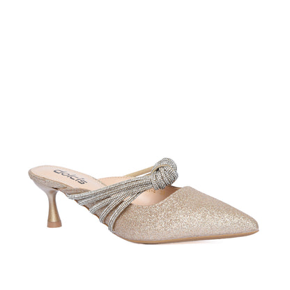 Gold Glitter Slip-On Heels with Rhinestone Knot | 481L-X