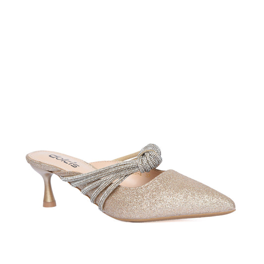 Gold Glitter Slip-On Heels with Rhinestone Knot | 481L-X